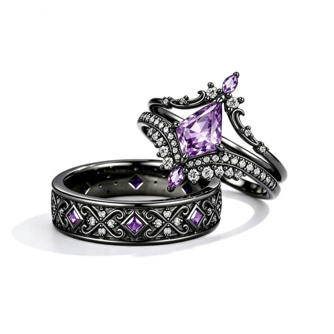 Sterling Silver 10K 14K 18K Gold Purple Gemstone Amethyst  Rings Set Couple Promise Rings Wedding Anniversary Rings