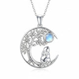Sterling Silver Moonstone Tree of Life Wolf Cat Fox Rabbit Monkey Pendant Necklace Gift for  Birthday Christmas