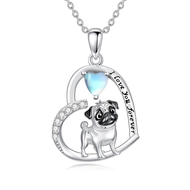 Sterling Silver Moonstone Pug Chihuahua Poodle German Shepherd Maltese Pendant Necklace Engraved wth I Love You Forever