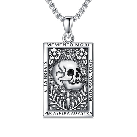 Sterling Silver Memento Mori Skull Pendant Necklace for Men
