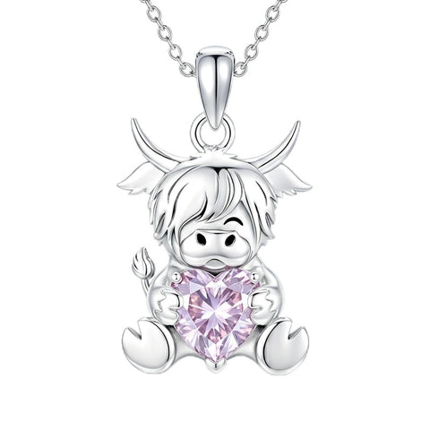Sterling Silver Birthstone Highland Cow Pendant Necklace Birthday Christmas Gift