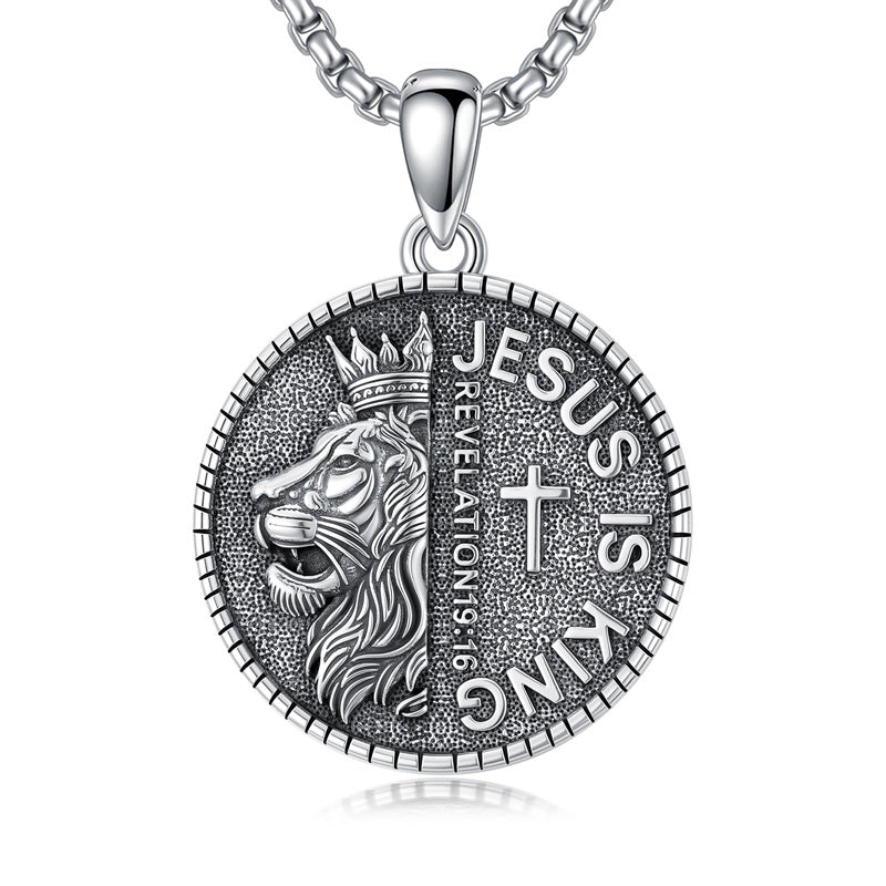 Sterling Silver Faith Bible Lion Pendant Necklace for Men