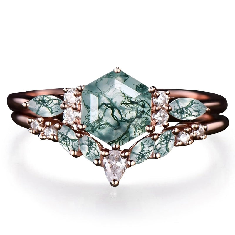 Sterling Silver 2CT Moss Agate  Engagement Wedding Ring Sets for Women