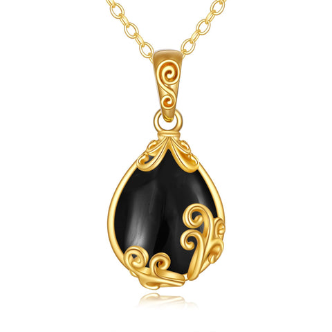 10K 14K 18K Yellow Gold Moonstone Opal Black Onyx Filigree Pendant Necklace