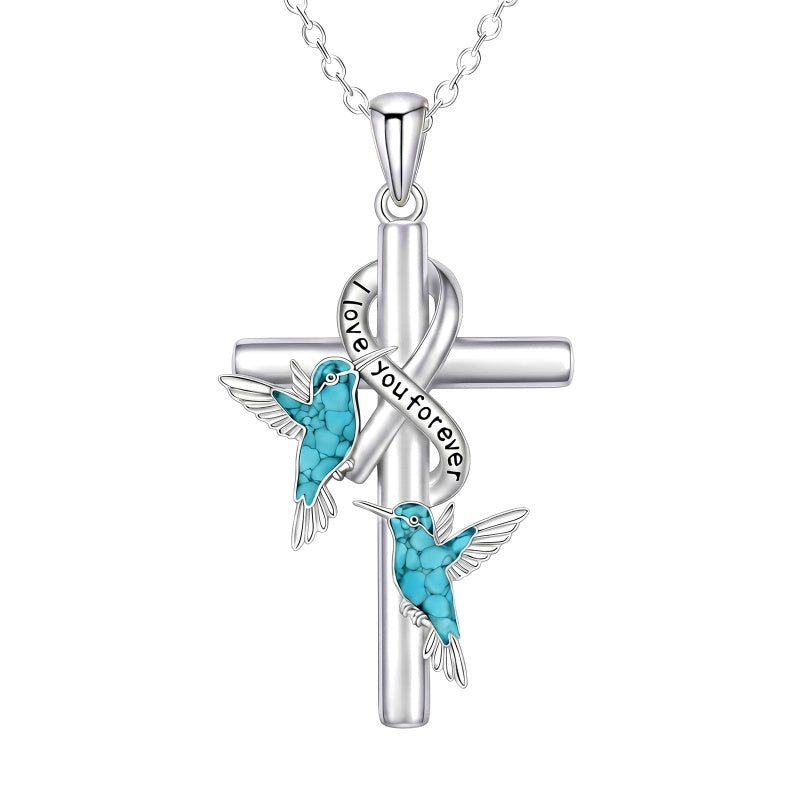 Sterling Silver  Hummingbird Blue Jay Dragonfly Butterfly Cross Necklace Engraved with I Love You Forever