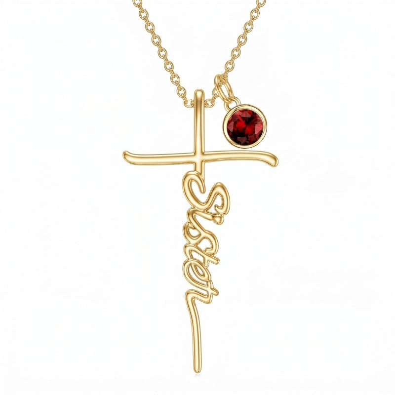 14K Gold Plated Birthstone Sister Cross  Pendant Necklace