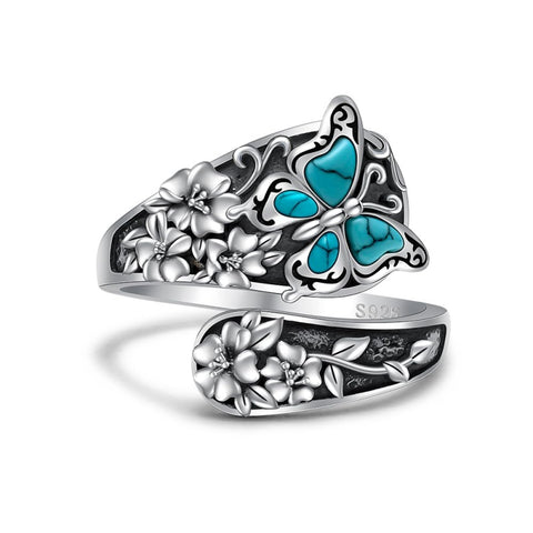 Sterling SilverMustard Seed Turtle Ocean Butterfly Dragonfly Turquoise Adjustable  Spoon Ring Spoon Jewelry for Women