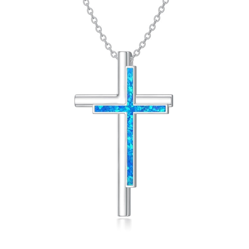 Sterling Silver Opal Cross Pendant Necklace  for Women