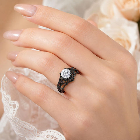 Sterling Silver 10K 14K 18K Gold Custom Engraved Moissanite Engagement Wedding Ring Halloween Gift
