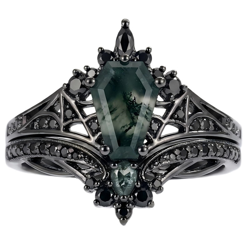 Sterling Silver 10K 14K  18K Gold Personalized Engraved Moss Agate Gothic Promise Wedding Engagement Black Ring Set