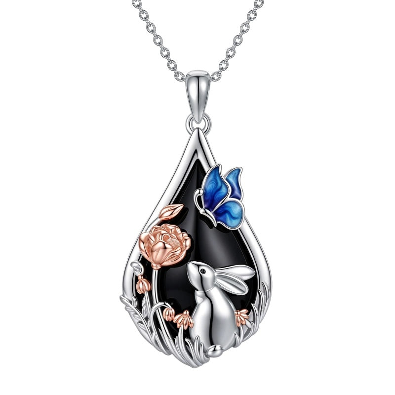 Sterling Silver Obsidian Bunny Cat Elephant Dog Fox Teardrop Pendant Necklace
