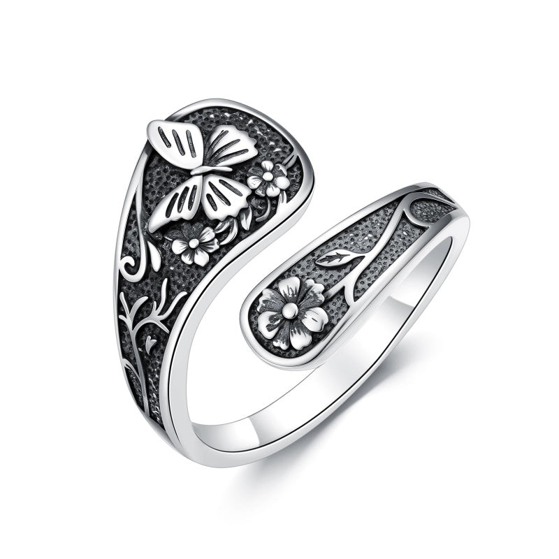 Sterling Silver Turquoise Hummingbird Butterfly Sunflower Adjustable Spoon Ring