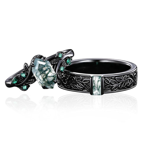 Sterling Silver 10K 14K 18K Gold Natural Leaf  Moss Agate Engagement Anniversary Couple Ring Sets