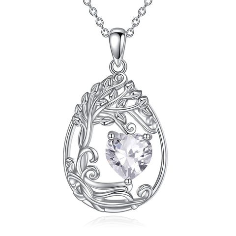 Sterling Silver Birthstone Teardrop Tree of Life Pendant Necklace