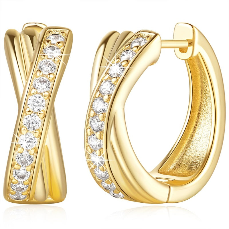 14K Gold Plated Cubic Zirconia X-shaped Huggie Earrings for Women