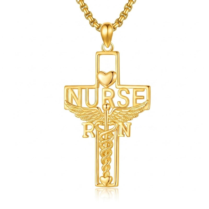 14K Gold Plated Stethoscope Caduceus Cross Pendant Necklace for Women