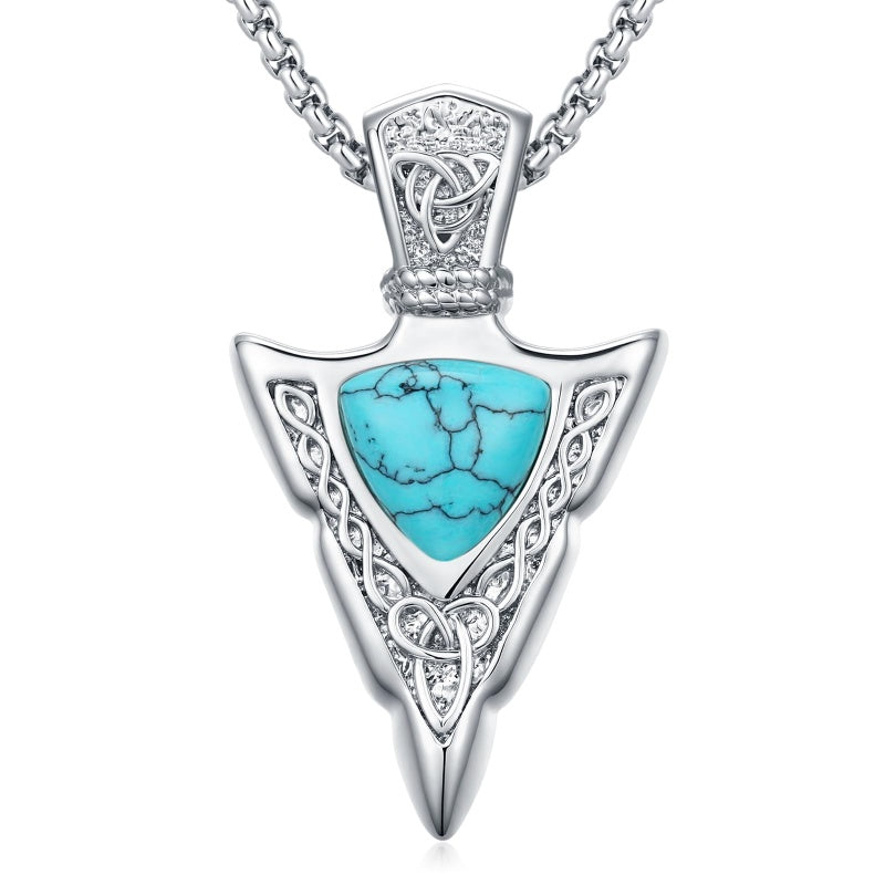 14K Gold Plated Moss Agate Turquoise Valknut Viking Arrow Head Pendant Necklace for Men