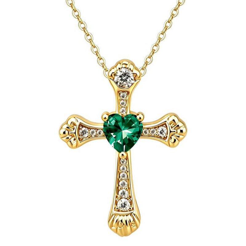 14K Gold Plated Heart Cut Cubic Zirconia Cross  Pendant Necklace For Women Religious Faith Jewelry