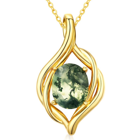 14K Gold Plated Moss Agate Pendant Necklace Boho Jewelry for Women