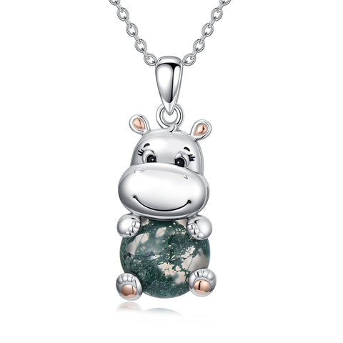 Sterling Silver Moss Agate Hippo  Pendant Necklace