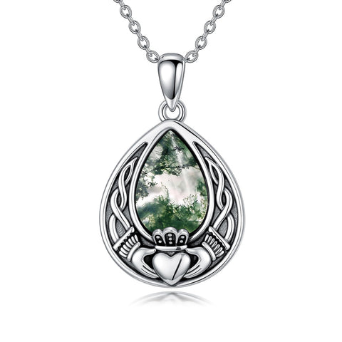 Sterling Silver Moss Agate Celtic Knot Rose Claddagh Filigree Pendant Necklace