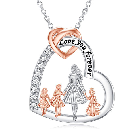 Sterling Silver Mother and 2/3/4 Daughter Heart Pendant Necklace Engraved with Love You Forever