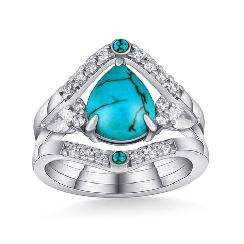 Sterling Silver Genuine Turquoise Engagement Wedding Ring Set for Women