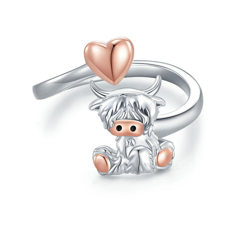 Highland Cow Open Ring 925 Sterling Silver Adjustable Cute Cow Open Rings with Loving Heart Cow Jewelry Gift for Women Girls