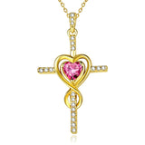 14K Gold Plated Dainty Heart Birthstone Pendant Cross Necklace for Women Religious Gift