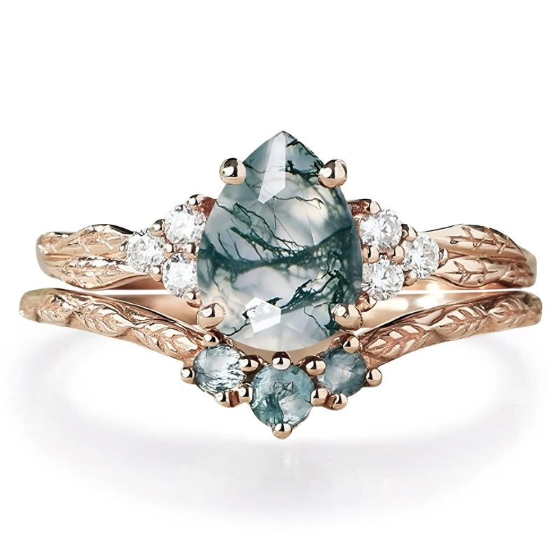 Sterling Silver 2CT Moss Agate  Engagement Wedding Ring Sets for Women
