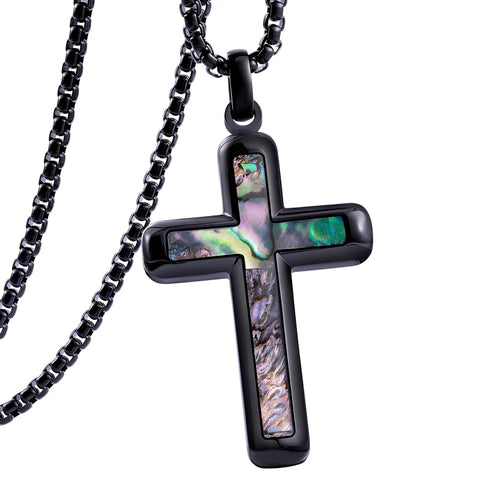 14K Gold Plated Wooden Abalone Shell Cross Pendant Necklacefor Men