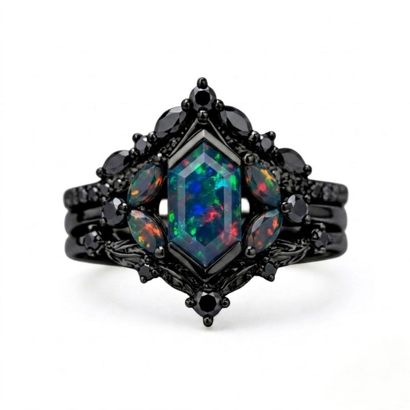 Sterling Silver 10K  14K  18K  Gold Personalized Engraved Black Opal Engagement Wedding Promise Ring for Her