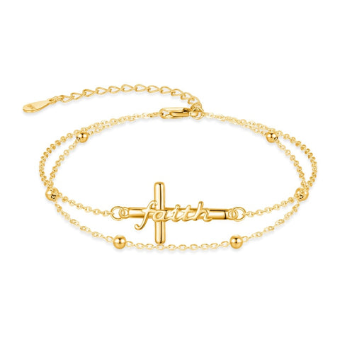 14K Gold Plated  Faith Cross Religious  Double Layered Anklet