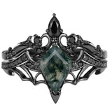 Sterling Silver 10K 14K  18K Gold Personalized Engraved Moss Agate Gothic Promise Wedding Engagement Black Ring Set