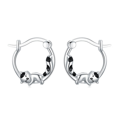 Sterling Silver Raccoon Cat Hoop Earrings