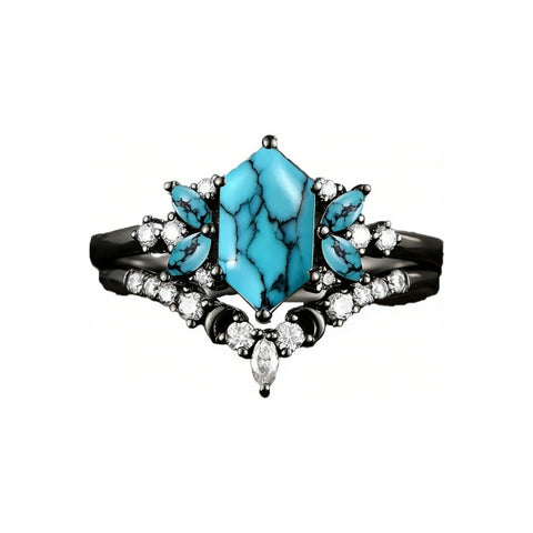 Sterling Silver 10K 14K 18K Gold Turquoise Engagement  Wedding Ring Set for Women
