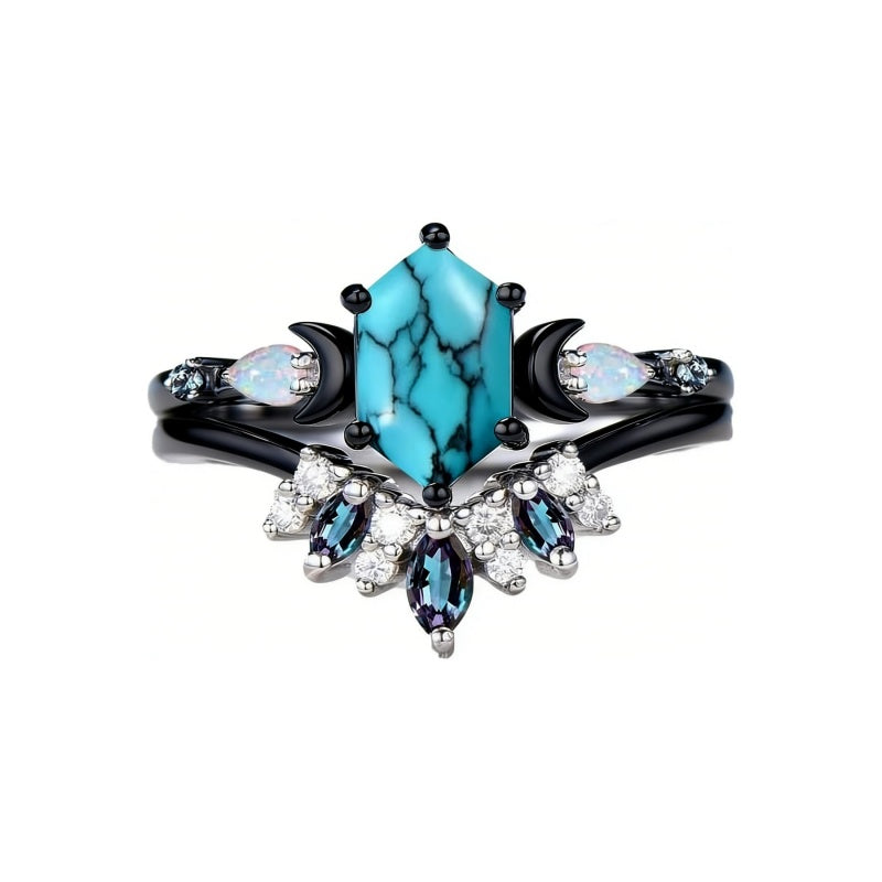 Sterling Silver 10K 14K 18K Gold Turquoise Engagement  Wedding Ring Set for Women