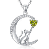 Sterling Silver Heart Birthstone Cat Pendant Necklace