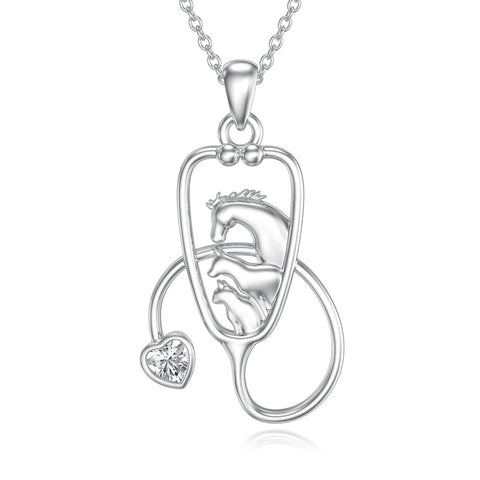 Sterling Silver Cubic Zirconia Animal Silhouette Stethoscope Pendant Necklace