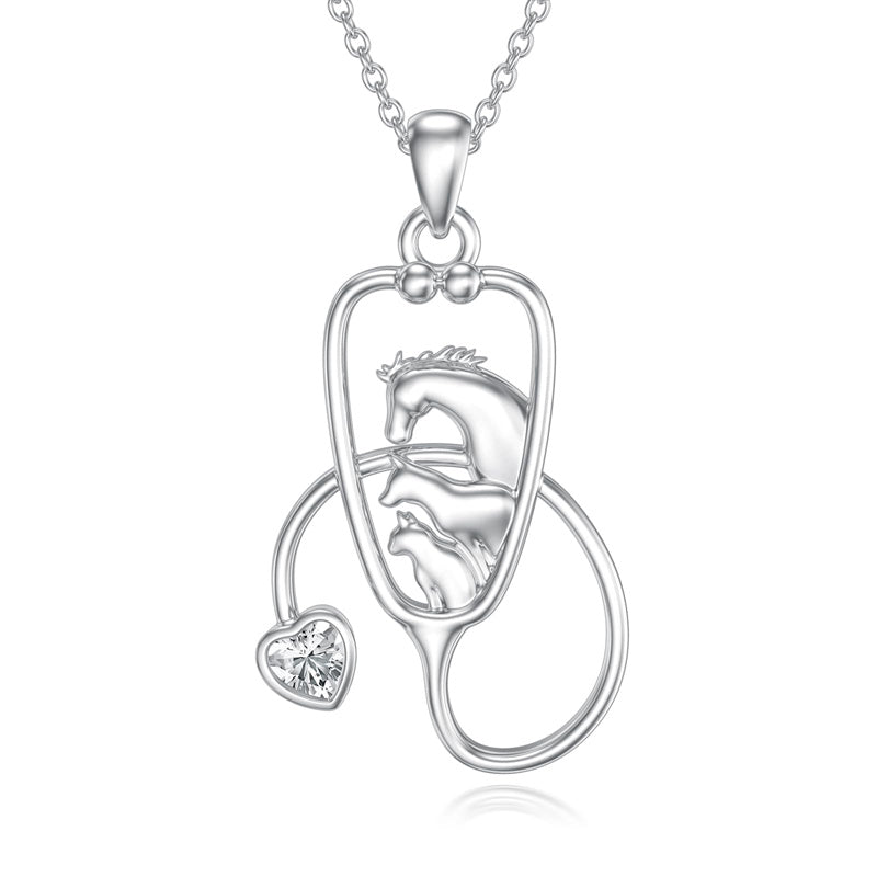 Sterling Silver Cubic Zirconia Animal Silhouette Stethoscope Pendant Necklace