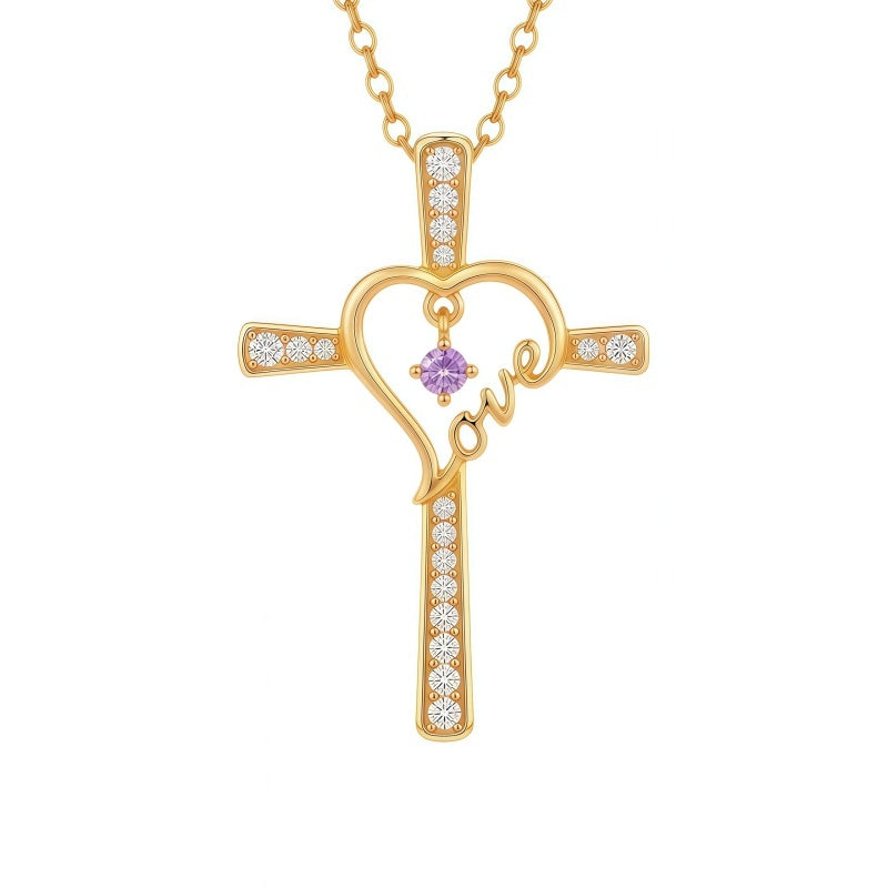 14K Gold Plated  Birthstone  LOVE Heart Cross Necklace for Women Faith Jewelry