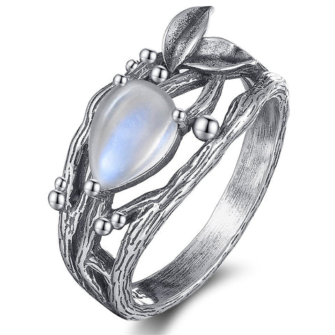 Sterling Silver Moss Agate Moonstone Branch Engagement Wedding Promise Ring  for Her