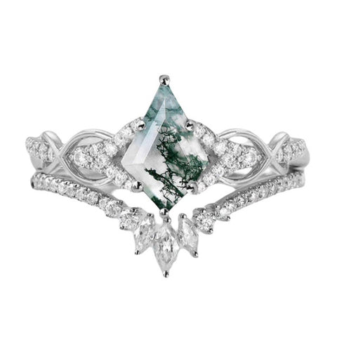 Sterling Silver 10K 14K 18K Gold Personalize Engraved Moss Agate Engagement Rings for Women