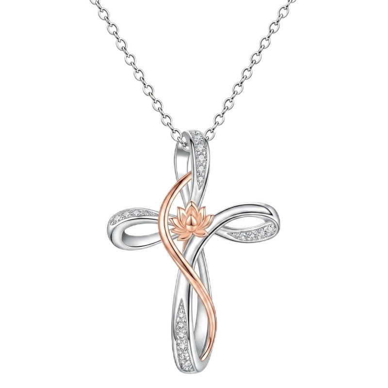 Sterling Silver Daisy Rose Plumeria Lotus Sunflower Cross Pendant Necklace for Women