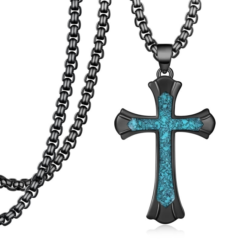 14K Gold Plated Turquoise Malachite Abalone Shell Cross Pendant Necklace for Men