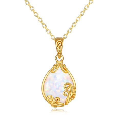 10K 14K 18K Yellow Gold Moonstone Opal Black Onyx Filigree Pendant Necklace