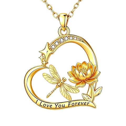 10K 14K 18K  Gold Cubic Zirconia Heart Shaped Bee Butterfly Dragonfly  Necklace Engraved with  I Love Your Forever