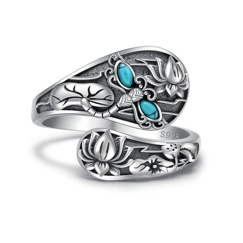 Sterling SilverMustard Seed Turtle Ocean Butterfly Dragonfly Turquoise Adjustable  Spoon Ring Spoon Jewelry for Women