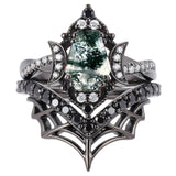 Sterling Silver 10K 14K  18K Gold Personalized Engraved Moss Agate Gothic Promise Wedding Engagement Black Ring Set