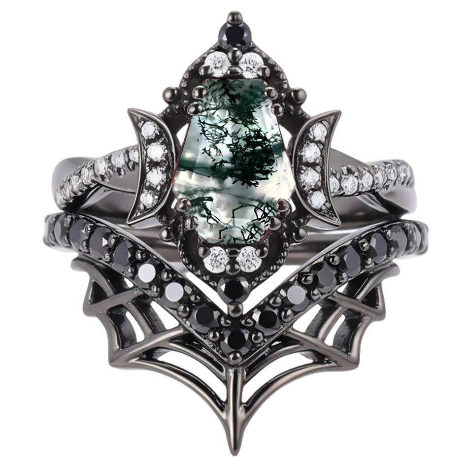 Sterling Silver 10K 14K  18K Gold Personalized Engraved Moss Agate Gothic Promise Wedding Engagement Black Ring Set